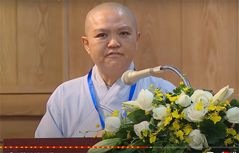 Thich Nu Huong Nhu speaks at the gathering on May 23 in Ho Chi Minh City. (Screenshot/Joachim Pham/hdgmvietnam.com)