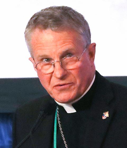 Archbishop Timothy Broglio gives his presidential address June 13 at the U.S. bishops' spring assembly in Louisville, Kentucky. (OSV News/Bob Roller)