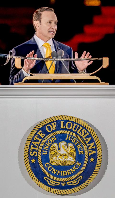 Louisiana Republican Gov. Jeff Landry speaks during his inauguration ceremony at the State Capitol building in Baton Rouge Jan. 7. (AP/Matthew Hinton)
