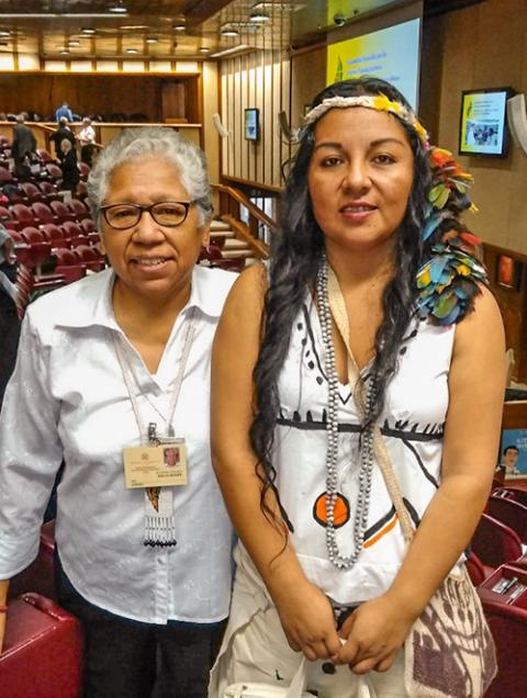 Dominican Sr. Zully Rojas Quispe and Yessica Patiachi, member of the Harakbut culture and one of the vice presidents of the Pan-Amazonian Ecclesial Network (REPAM), pose for a photo during the synod for the Amazon, held in Rome in October 2019. (Courtesy of Zully Rojas Quispe)