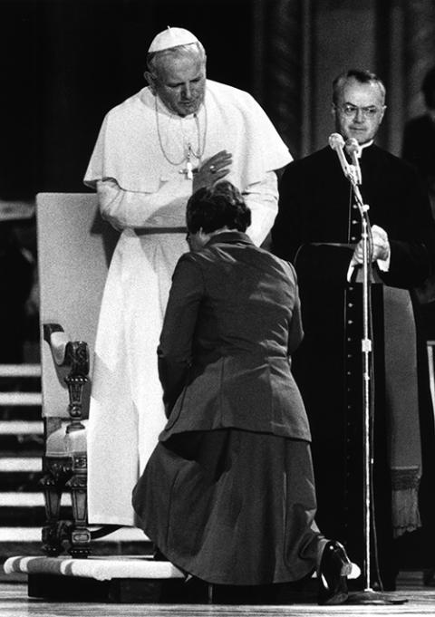 Pope John Paul II blesses Mercy Sr. Theresa Kane at the Basilica of the National Shrine of the Immaculate Conception in Washington in 1979. Earlier in the service, Kane had challenged the pope to include women in all ministries of the church. (CNS)