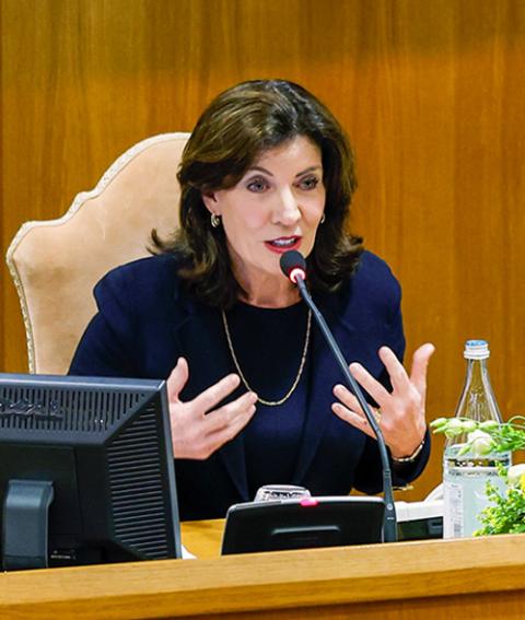 New York Gov. Kathy Hochul speaks during a summit, titled “From Climate Crisis to Climate Resilience,” at the Vatican May 16. (CNS/Lola Gomez)