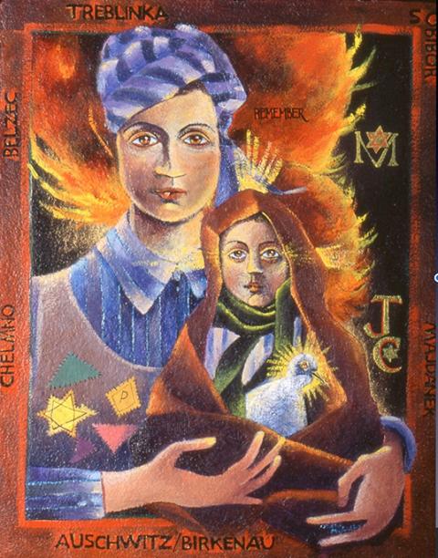 In a painting Mickey McGrath calls "Our Lady of Auschwitz," Mary is depicted as a Jewish prisoner of a concentration camp. (Courtesy of Mickey McGrath)