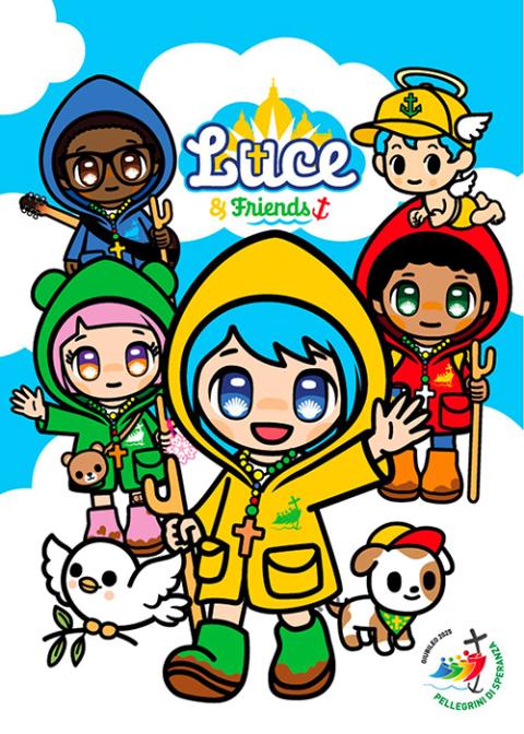 Luce, the Vatican's mascot for Holy Year 2025, and her friends are seen in a drawing by the character's creator, Simone Legno. Her friends include dog Santino, the angel Iubi and fellow pilgrims Fe, wearing red; Sky (blue); and Xin, (green). (CNS/Iubilaeum2025, Simone Legno)