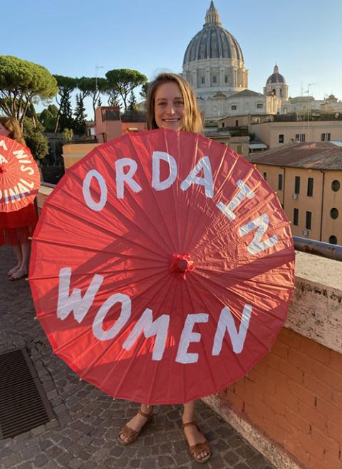 Kate McElwee, executive director of the Women's Ordination Conference, participates in a protest in Rome in August 2021. The group is now planning a women's strike during Lent of 2025. (Courtesy of Women's Ordination Conference)