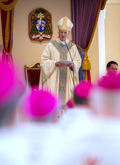 Archbishop Timothy Broglio of the U.S. Archdiocese for the Military Services, president of the U.S. bishops' conference, delivers a homily to fellow bishops at the opening Mass of the conference's fall plenary assembly Nov. 11, 2024, in Baltimore. (OSV News/Catholic Review/Kevin J. Parks)