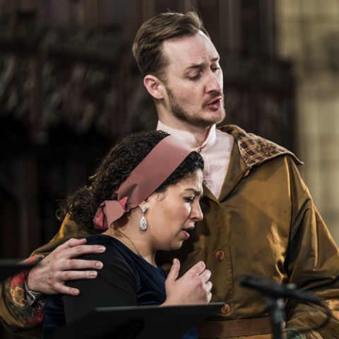 Emily Donato as La Madre (soprano) and John Taylor Ward as Il Padre (bass baritone) share a heartfelt moment in "Mary Magdalene de' Pazzi" on Feb. 24, 2024, at St. Vincent Ferrer Church in New York City. (Courtesy of David Thompson Fairchild)