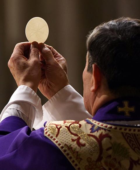 A priest elevates the host during a Mass at St. Patrick's Cathedral in New York City in 2020. (CNS/Gregory A. Shemitz)