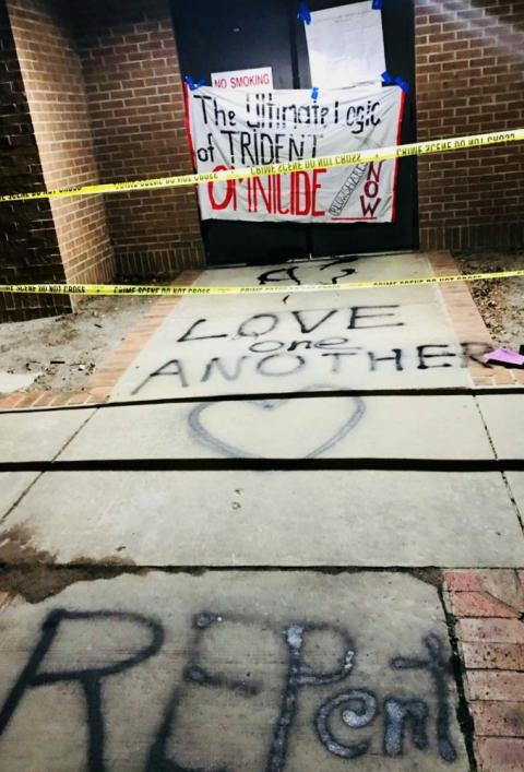 Part of the graffiti messaging left at the Kings Bay Naval Submarine Base in April 2018 (RNS/Courtesy of the Kings Bay Plowshares 7)