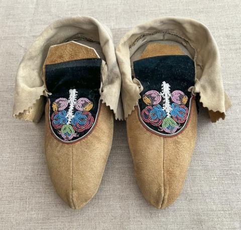 This undated photo provided July 20 by Gregory Scofield shows a pair of moccasins he made in the late 19th-century Cree-Metif native Canadian traditional style. (AP/Courtesy of Gregory Scofield)