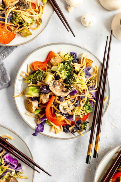 A mixture of spaghetti noodles, tofu and vegetables, the dish is flavorful and packed with veggies. (At Elizabeth's Table/Elizabeth Varga)