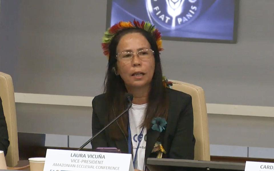 Franciscan Catechist Sr. Laura Vicuña Pereira Manso, who is a member of the Indigenous Kariri people, speaks at an event on the Amazon at the headquarters of the U.N.'s Food and Agriculture Organization in Rome June 4. (CNS screenshot/FAO)