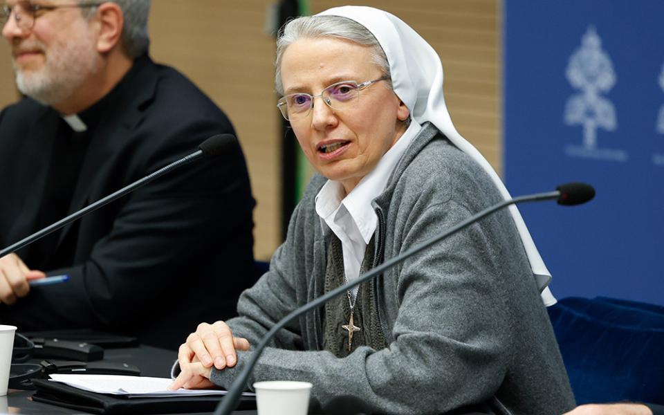 Consolata Missionary Sr. Simona Brambilla was appointed prefect of the Dicastery for Institutes of Consecrated Life and Societies of Apostolic Life, on Jan. 6. She is pictured here speaking at a news conference at the Vatican March 14, 2024, about study groups authorized by Pope Francis to examine issues raised at the synod on synodality. (CNS/Lola Gomez)