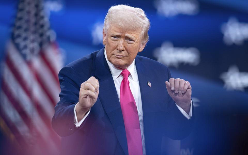 U.S. President Donald Trump dances after speaking at the Conservative Political Action Conference, CPAC, on Feb. 22, 2025, in Oxon Hill, Md. (AP/Jose Luis Magana)