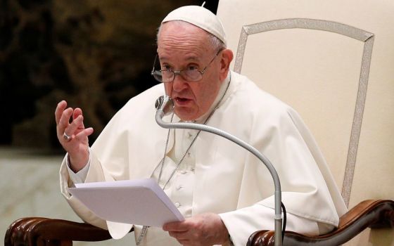 Pope Francis speaks during his general audience at the Vatican Jan. 12. (CNS/Paul Haring)