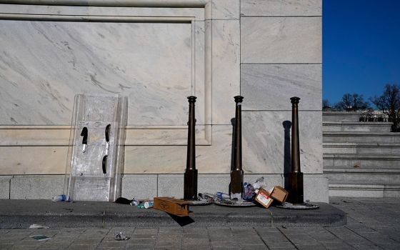 Riot shields lean on a U.S. Capitol wall Jan. 7 in Washington, one day after supporters of President Donald Trump breached the U.S. Capitol. (CNS/Erin Scott, Reuters)