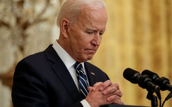 President Joe Biden holds his first formal news conference at the White House March 25 in Washington. (CNS/Leah Millis, Reuters)