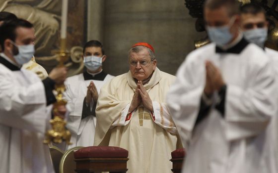 U.S. Cardinal Raymond Burke, pictured in an Oct. 1, 2020, photo in Rome, says he has tested positive for COVID-19. (CNS/Paul Haring)