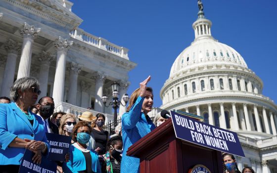 House Speaker Nancy Pelosi, D-Calif., holds a news conference at the U.S. Capitol in Washington Sept. 24, 2021, about the benefits for women in President Joe Biden's "Build Back Better" plan. (CNS photo/Kevin Lamarque, Reuters)