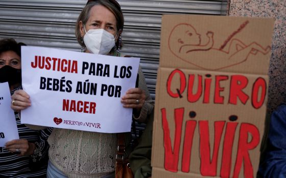 Supporters of anti-abortion organizations protest outside the Constitutional Court in Madrid Sept. 28, 2021. The banners read "Justice for unborn babies" and "I want to live." (CNS photo/Susana Vera, Reuters)