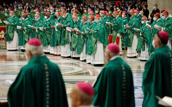 Cardinals and bishops attend Pope Francis' celebration of a Mass to open the process that will lead up to the assembly of the world Synod of Bishops in 2023, in St. Peter's Basilica at the Vatican Oct. 10, 2021. (CNS/Reuters/Remo Casilli)