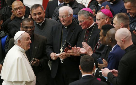 Pope Francis is pictured with U.S. military chaplains during his general audience in the Paul VI hall at the Vatican Nov. 3, 2021. (CNS photo/Paul Haring)