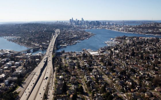 An aerial view of Seattle is seen March 16, 2020. (CNS/Reuters/Lindsey Wasson)