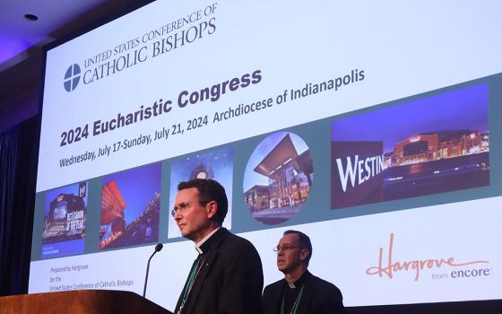 Bishop Andrew Cozzens listens to a question during a Nov. 17, 2021, session of the fall general assembly of the U.S. Conference of Catholic Bishops in Baltimore. (CNS/Bob Roller)