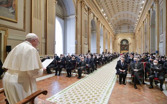 Pope Francis speaks to members of the Italian Catholic Jurists Union at the Vatican Dec. 10, 2021. (CNS photo/Vatican Media)