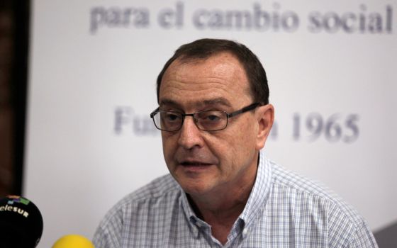 Jesuit Father Andreu Oliva, rector of the Central American University in San Salvador, El Salvador, speaks during a 2016 news conference. (CNS photo/Jose Cabezas, Reuters)