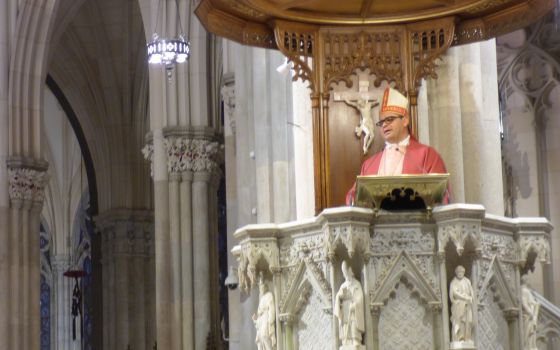 Bishop Oswaldo Escobar Aguilar of Chalatenango, El Salvador, wears a replica of a miter worn by St. Oscar Romero March 27, 2022, at St. Patrick’s Cathedral in New York. (CNS photo/Rhina Guidos)