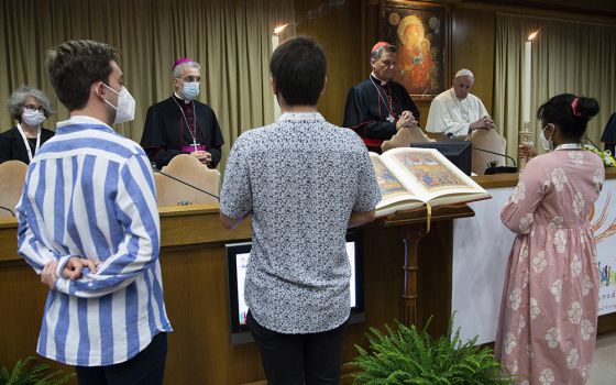 Pope Francis leads a meeting with cardinals, bishops, priests, religious and laypeople from around the world in the Synod Hall Oct. 9, 2021, at the Vatican. (CNS/Paul Haring)