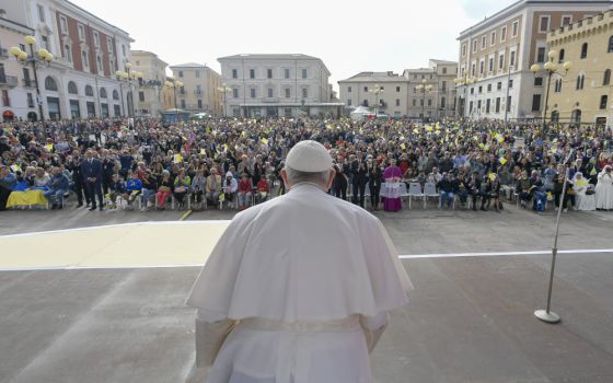  Pope Francis leads an encounter in Piazza Duomo in L'Aquila, Italy, Aug. 28, 2022. (CNS photo/Vatican Media)