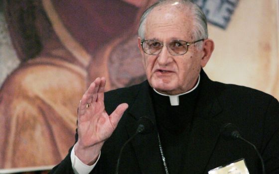 Retired Archbishop Joseph A. Fiorenza of Galveston Houston, speaks at the U.S. Conference of Catholic Bishops' spring meeting in Los Angeles in this June 15, 2006, file photo