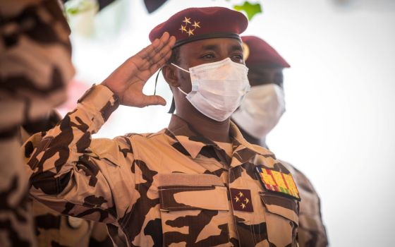 Gen. Mahamat Idriss Déby Itno -- president of the Transitional Military Council in Chad and son of late Chadian President Idriss Déby -- attends his father's state funeral in N'Djamena, Chad, April 23, 2021.