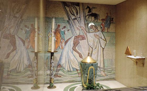 Baptistry mosaics and brass works by artist Peter Recker are seen at St. Rita Catholic Church in Indianapolis March 6. St. Rita is one of 16 Christian churches to receive a grant from the National Fund for Sacred Places. (OSV News/Courtesy of National Fund for Sacred Places/Caleb Legg)