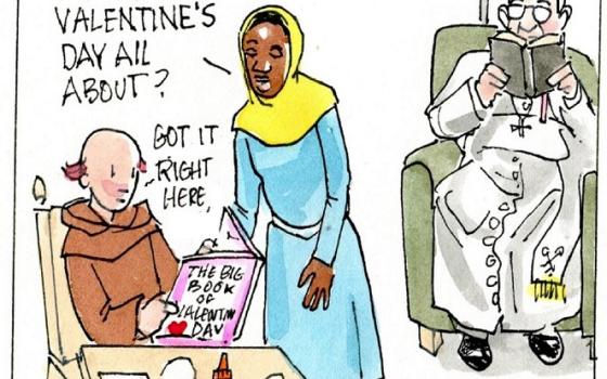 Francis, the comic strip: Brother Leo has a Valentine's tale for Gabby and Francis.