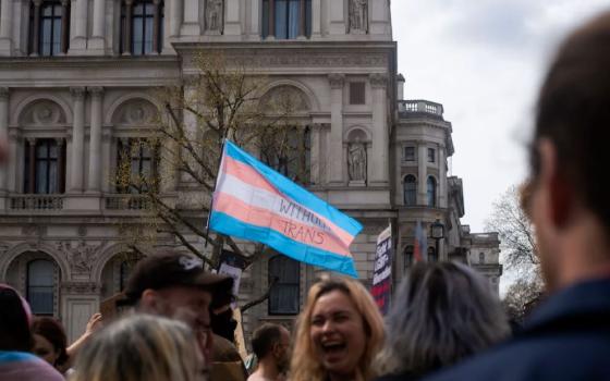 A trans pride flag is seen at an April 2022 trans rights protest in London. The trans flag, which dates to 1999, features light blue and light pink to symbolize the traditional colors for baby girls and baby boys, according to Outright International. The white stripe represents people who identify as intersex, gender neutral or transitioning. (Unsplash/Karollyne Videira Hubert)