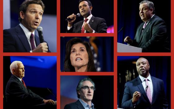 Top row, from left: Ron DeSantis (OSV News/Reuters/Scott Morgan), Vivek Ramaswamy (Wikimedia Commons/Gage Skidmore), Chris Christie (OSV News/Reuters/Elizabeth Frantz); center: Nikki Haley (OSV News/Reuters/Kevin Lamarque); bottom row, from left: Mike Pence (OSV News/Reuters/Elizabeth Frantz), Doug Burgum (CNS/Reuters/Dan Koeck), Tim Scott (OSV News/Reuters/Elizabeth Frantz).