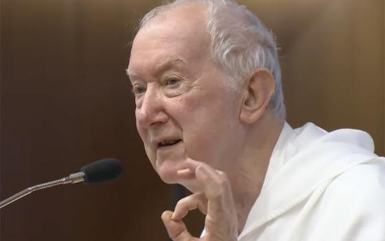 Dominican Fr. Timothy Radcliffe gives a meditation at the retreat outside of Rome for members of the assembly of the Synod of Bishops on Oct. 2. (NCR screenshot/YouTube/Vatican Media)