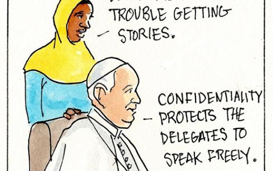 Francis, the comic strip: Reporters hope Brother Leo will give them an inside scoop on the synod. 