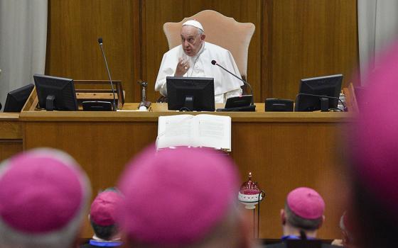 Pope Francis speaks to Italian bishops in the Vatican synod hall during the general assembly of the Italian bishops' conference May 20. (CNS/Vatican Media)