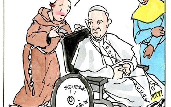Francis, the comic strip: Brother Leo takes care of some squeaky wheels. 