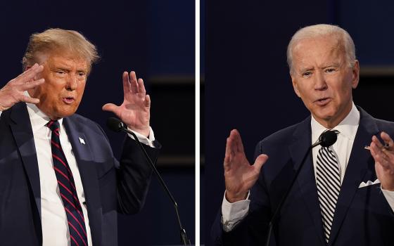 This combination image of two file photos shows then-President Donald Trump, left, and then-Democratic presidential nominee Joe Biden during a presidential debate Sept. 29, 2020, at Case Western University and Cleveland Clinic in Cleveland. (RNS/AP/Patrick Semansky)