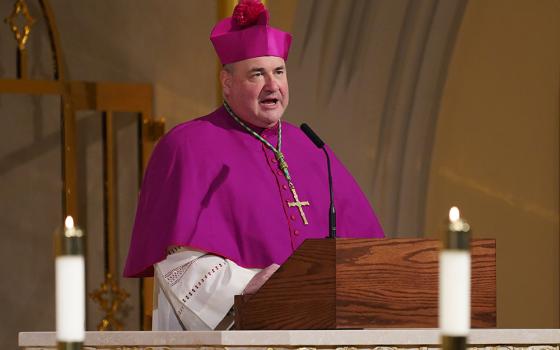 Then-Auxiliary Bishop Richard Henning of Rockville Centre, New York, speaks during Mass at St. Agnes Cathedral Jan. 1, 2021, in Rockville Centre, New York. On Aug. 5, the apostolic nunciature in Washington announced that Pope Francis had accepted Cardinal Sean O'Malley's resignation and appointed Henning to be Boston's 10th bishop and seventh archbishop. (CNS/Gregory A. Shemitz)