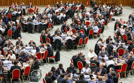 Members of the assembly of the synod on synodality start a working session in the Vatican's Paul VI Audience Hall Oct. 18, 2023. (CNS/Lola Gomez)