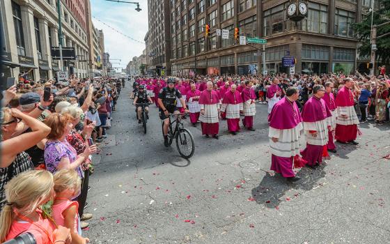 Bishops join the final eucharistic procession of the National Eucharistic Congress in downtown Indianapolis July 20. (OSV News/Bob Roller)