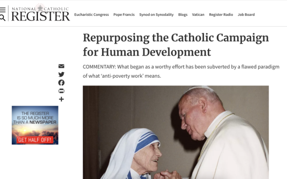 A screenshot shows George Weigel's recently published essay at National Catholic Register, in which he calls for a "repurposing" of the Catholic Campaign for Human Development. 