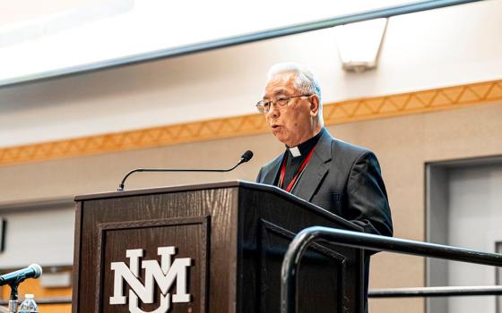 Retired Archbishop Joseph Mitsuaki Takami of Nagasaki addresses the "Forum on Nuclear Strategy: Disarmament & Deterrence in a Dangerous World" at the University of New Mexico Sept. 7. Takami is an in utero survivor of the atomic bomb the U.S. detonated Aug. 9, 1945 over Nagasaki, Japan. He lost several members of his extended family in the bombing.  (University of New Mexico/Elizabeth Silva)