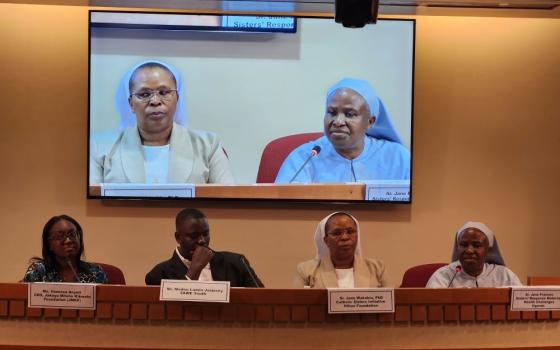 Sr. Jane Wakahiu, associate vice president for program operations and head of Catholic Sisters for the Conrad N. Hilton Foundation, speaks during a Sept, 20 forum at the Permanent Mission of the African Union at the United Nations. At her left is Ugandan Sr. Jane Frances Kabagaaju, a maternal health specialist. (Chris Herlinger)